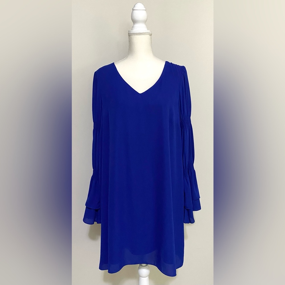 Kaari Blue Womens L Flowy Royal Blue Dress Vintage Fall Nautical Coastal Grandma